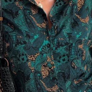 Woman button down Green and Black Paisley Print Shirt/ medium